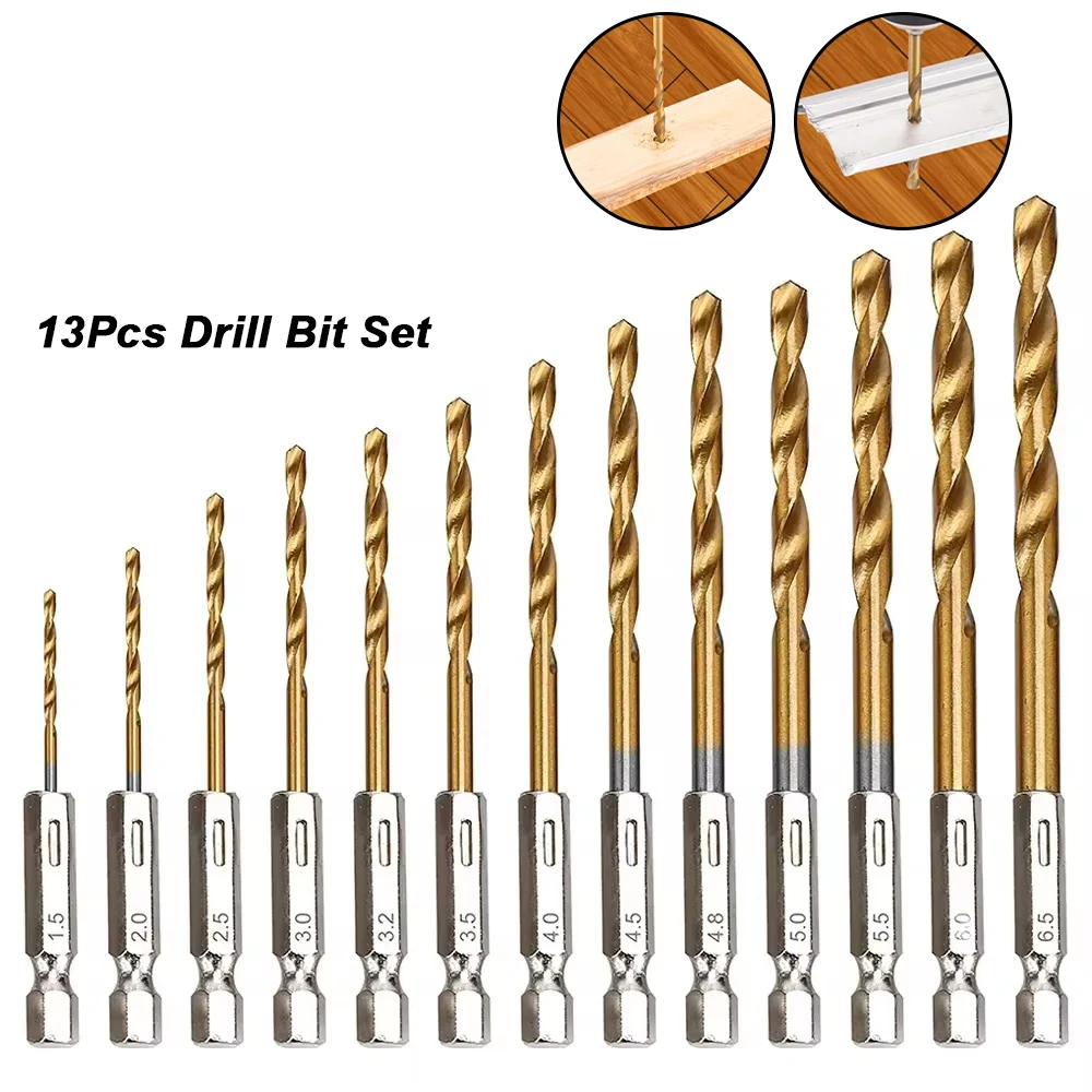13pcs 1.5mm-6.5mm Twist Drill Bit Set Titanium Coated High Speed Steel Hex Shank Drill Bits for Metal Wood Hole Opener Tools Kit
13pcs 1.5mm-6.5mm Twist Drill Bit Set Titanium Coated High Speed Steel Hex Shank Drill Bits for Metal Wood Hole Opener Tools Kit