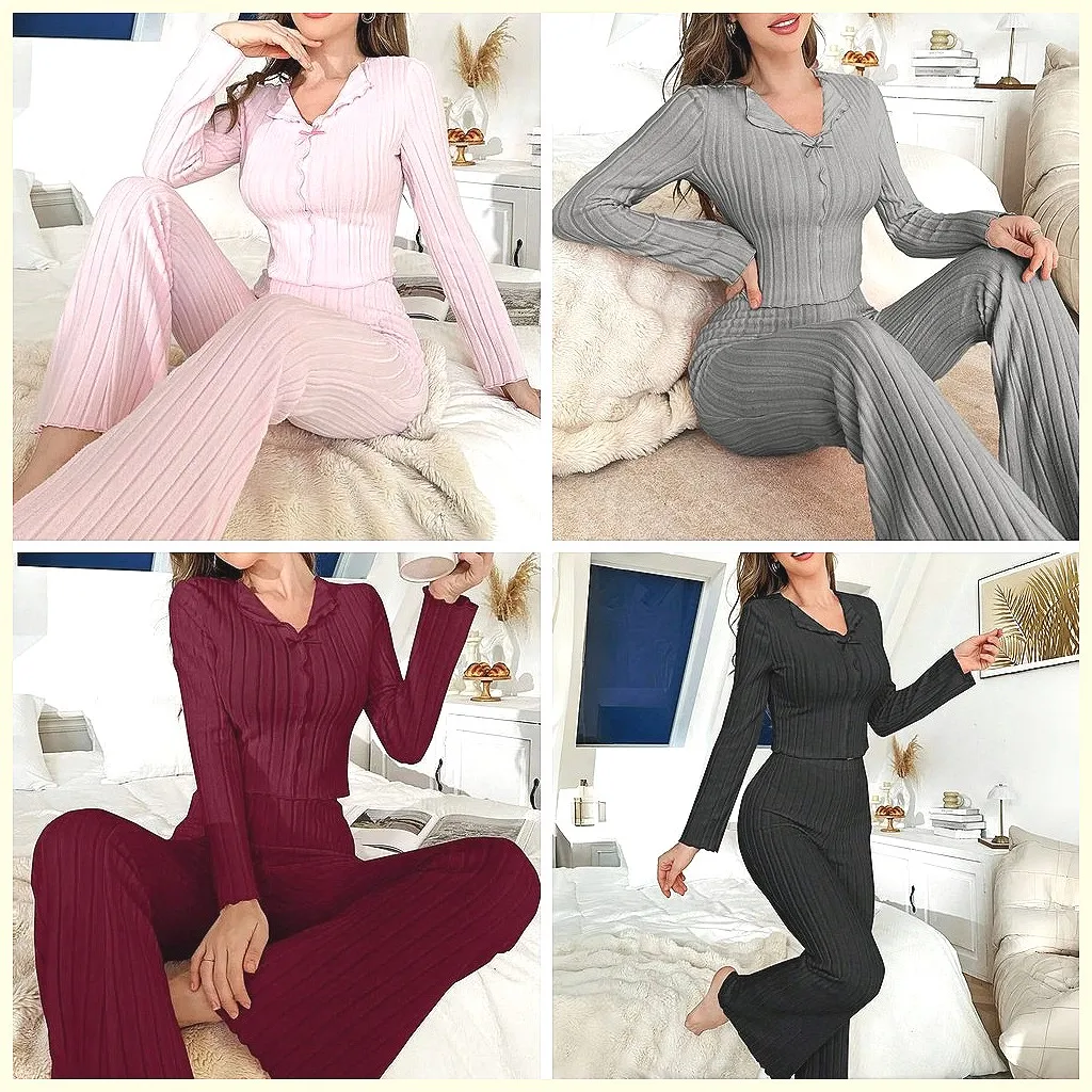 Женский элегантный пижамный комплект с V-образным вырезом и бантом, облегающая домашняя одежда с длинными рукавами для осени и зимы
Женский элегантный пижамный комплект с V-образным вырезом и бантом, облегающая домашняя одежда с длинными рукавами для осени и зимы