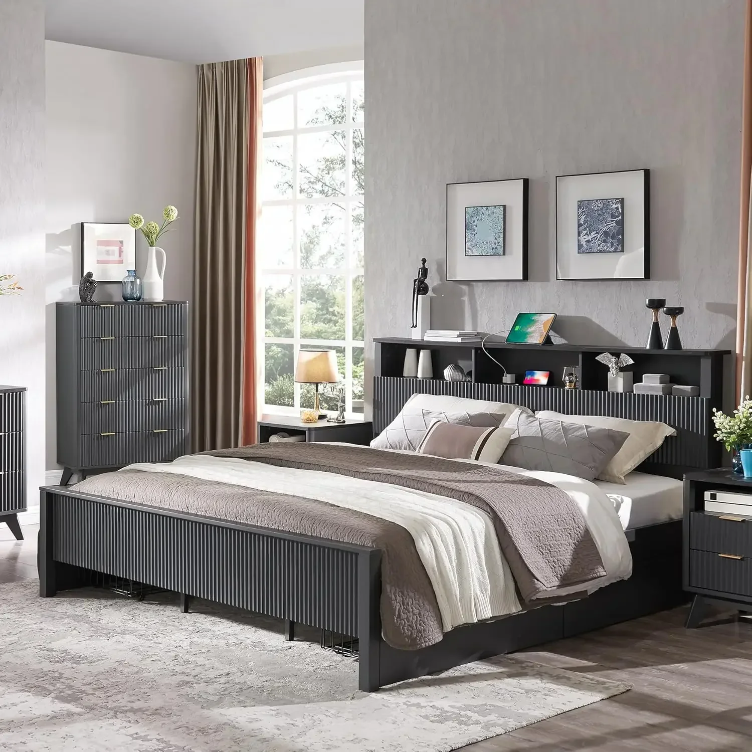 Fluted Panel Queen Bed Frame with Bookcase Headboard & Charging Station, Modern Wood Platform Bed with 4 Drawers
Fluted Panel Queen Bed Frame with Bookcase Headboard & Charging Station, Modern Wood Platform Bed with 4 Drawers