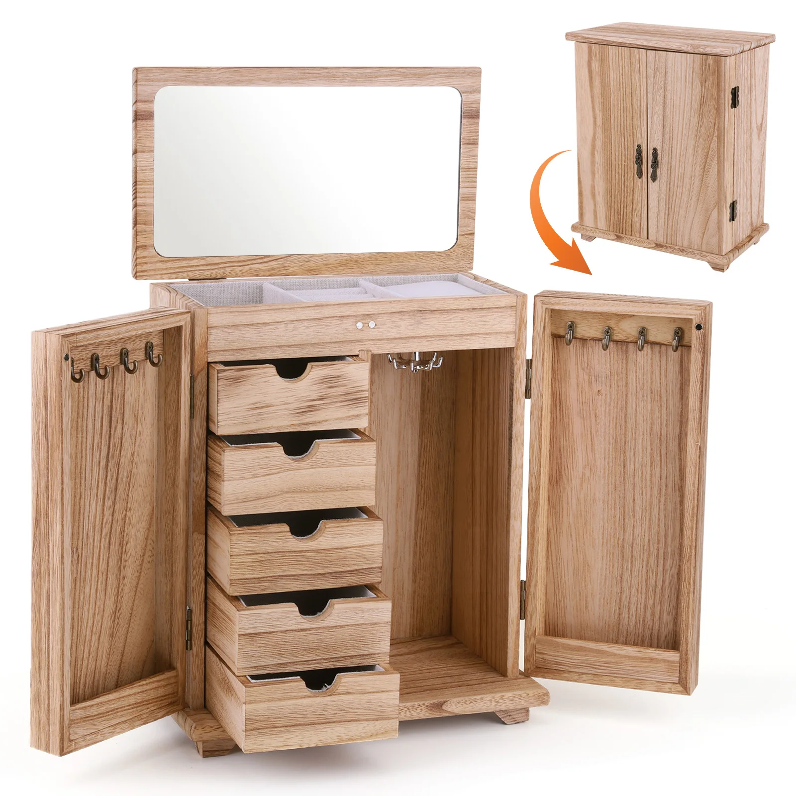 Деревянная шкатулка для украшений с ящиками и зеркалом, винтажный органайзер для хранения и демонстрации ювелирных изделий для туалетного столика
Деревянная шкатулка для украшений с ящиками и зеркалом, винтажный органайзер для хранения и демонстрации ювелирных изделий для туалетного столика