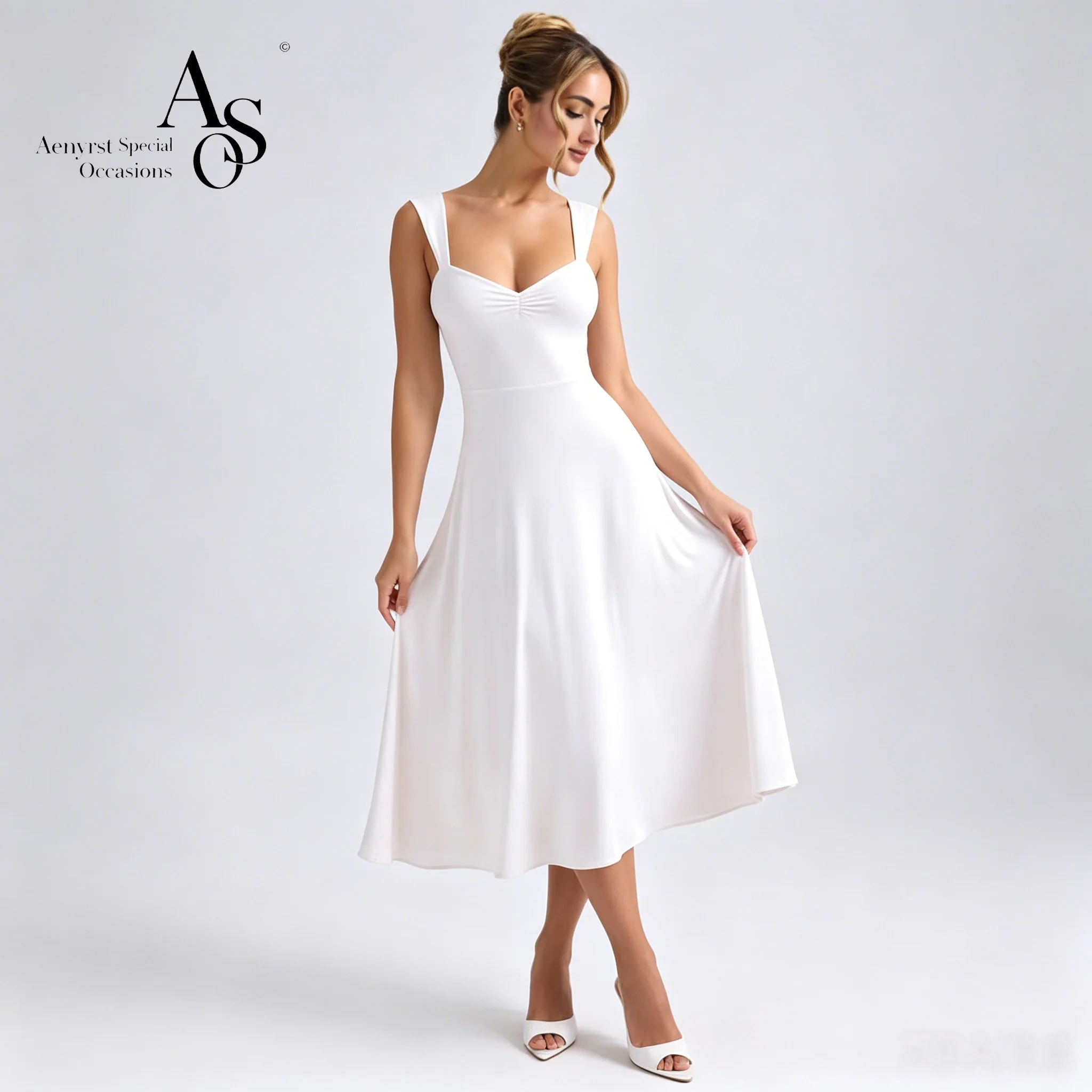 Elegant custom-made white satin midi-length formal gown featuring a strapless sleeveless open-back design
Elegant custom-made white satin midi-length formal gown featuring a strapless sleeveless open-back design
