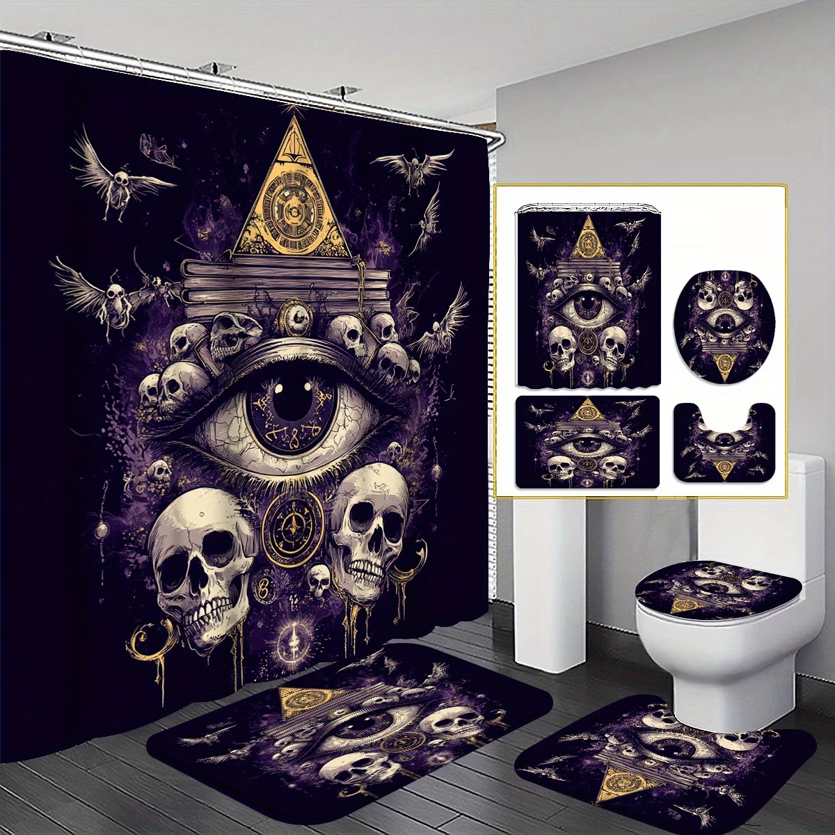 4 шт., темный загадочный глаз, череп, пирамида, узор, набор занавесок для душа, занавеска для ванной комнаты, декор для ванной комнаты, занавеска для душа, напольный коврик
4 шт., темный загадочный глаз, череп, пирамида, узор, набор занавесок для душа, занавеска для ванной комнаты, декор для ванной комнаты, занавеска для душа, напольный коврик
