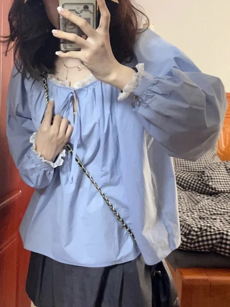 Vintage Cute Sweet Blue Shirt Women Lace Patchwork Long Sleeve Blusas Mujer Japan Loose Female Preppy Style Casual O Neck Tops
Vintage Cute Sweet Blue Shirt Women Lace Patchwork Long Sleeve Blusas Mujer Japan Loose Female Preppy Style Casual O Neck Tops