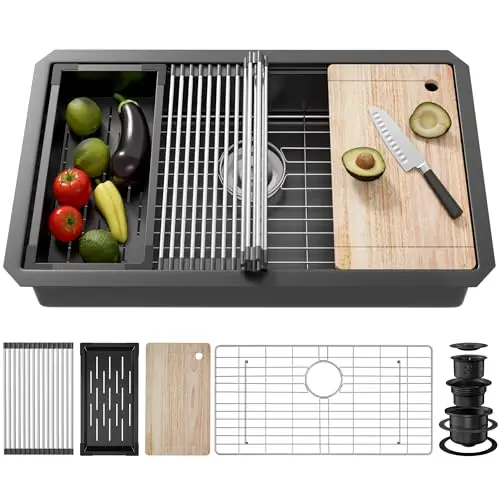 33x19 Inch Black 16 Gauge Stainless Steel Undermount Single Bowl Kitchen Sink With Integrated Workstation Grid And Accessories
33x19 Inch Black 16 Gauge Stainless Steel Undermount Single Bowl Kitchen Sink With Integrated Workstation Grid And Accessories