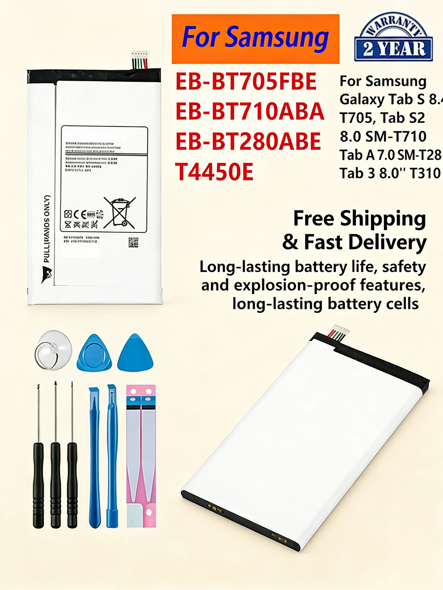 EB-BT710ABA EB-BT705FBE Tablet Battery for Samsung Tab S2 S 8.4 A 7.0 Tab 3 8.0 SM-T710 T715 T700 T705 T280 T310 Replacement
EB-BT710ABA EB-BT705FBE Tablet Battery for Samsung Tab S2 S 8.4 A 7.0 Tab 3 8.0 SM-T710 T715 T700 T705 T280 T310 Replacement