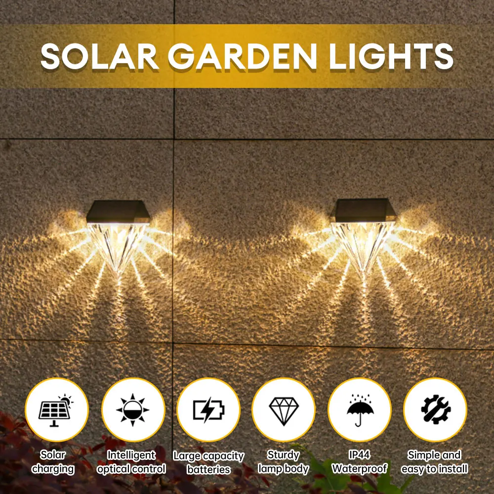 2PCS Outdoor Solar Wall Light Waterproof LED Diamond Wall Lamp Solar Charging Light for Garden Defense Doorway Balcony
2PCS Outdoor Solar Wall Light Waterproof LED Diamond Wall Lamp Solar Charging Light for Garden Defense Doorway Balcony