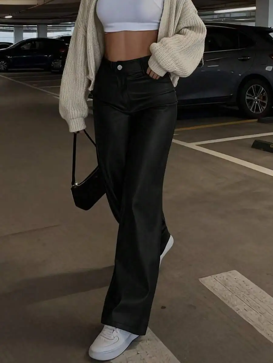 Women's High Waist Glossy PU Leather Wide Leg Pants, Black, Spring Summer Casual Trousers
Women's High Waist Glossy PU Leather Wide Leg Pants, Black, Spring Summer Casual Trousers