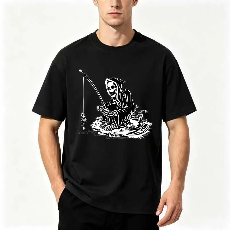 Summer cotton and linen high street style black and white Death God Fisherman T-shirt with retro dark aesthetic
Summer cotton and linen high street style black and white Death God Fisherman T-shirt with retro dark aesthetic