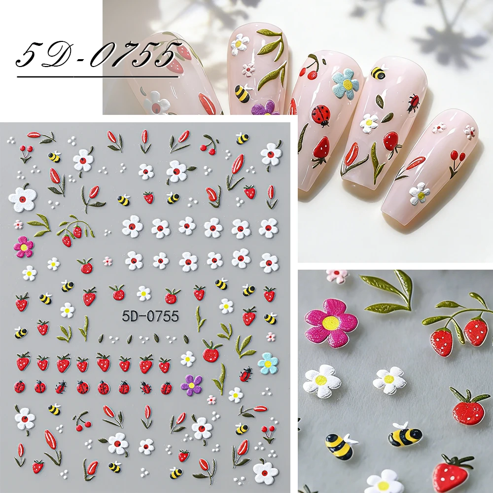 1Pcs 5D Embossed Cute Ladybug Bee Strawberry Nail Stickers Fresh Colorful Daisy Flower Nail Art Decals Summer DIY Nail Supplies
1Pcs 5D Embossed Cute Ladybug Bee Strawberry Nail Stickers Fresh Colorful Daisy Flower Nail Art Decals Summer DIY Nail Supplies