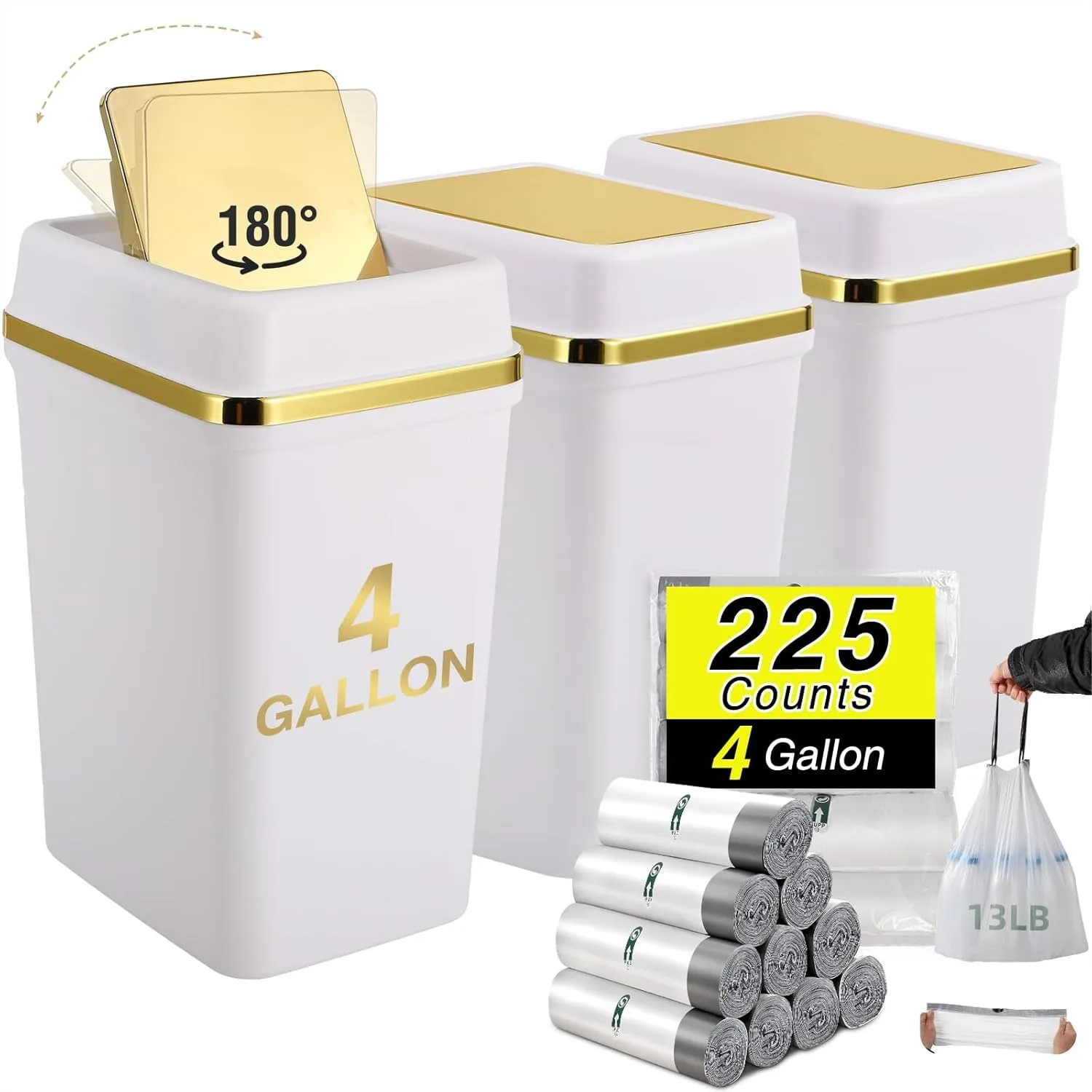 3 Pack 4 Gallon Bathroom Trash Can with Swing Lid, Small Garbage Bin for Bathroom Kitchen Bedroom Office, White and Gold
3 Pack 4 Gallon Bathroom Trash Can with Swing Lid, Small Garbage Bin for Bathroom Kitchen Bedroom Office, White and Gold