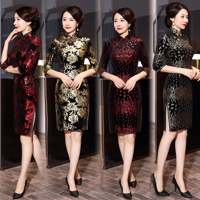 New Autumn/Winter Cheongsam Modified Long Type Short Sleeve Velvet Simple Young Mother Female Catwalk
New Autumn/Winter Cheongsam Modified Long Type Short Sleeve Velvet Simple Young Mother Female Catwalk