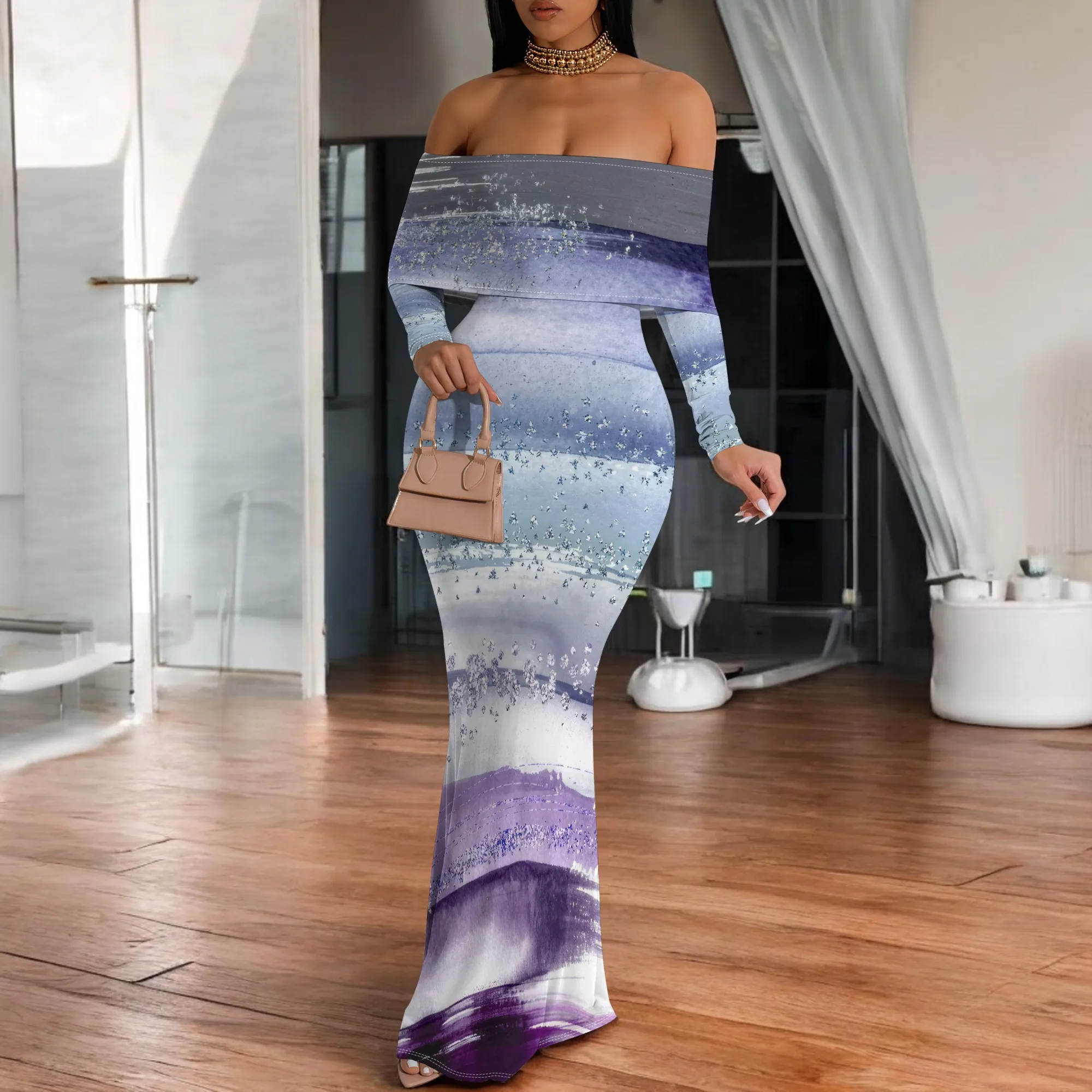 Off Shoulder Maxi Dress Purple Blue Glitter Gradient Print Long Sleeve Elegant Evening Party Dress
Off Shoulder Maxi Dress Purple Blue Glitter Gradient Print Long Sleeve Elegant Evening Party Dress
