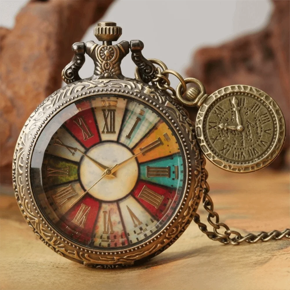 New Retro Pocket Watch Colorful Dial Bronze Roman Numeral Clock Necklace Pendant Roman Label Quartz Clock Gift Men and Women
New Retro Pocket Watch Colorful Dial Bronze Roman Numeral Clock Necklace Pendant Roman Label Quartz Clock Gift Men and Women