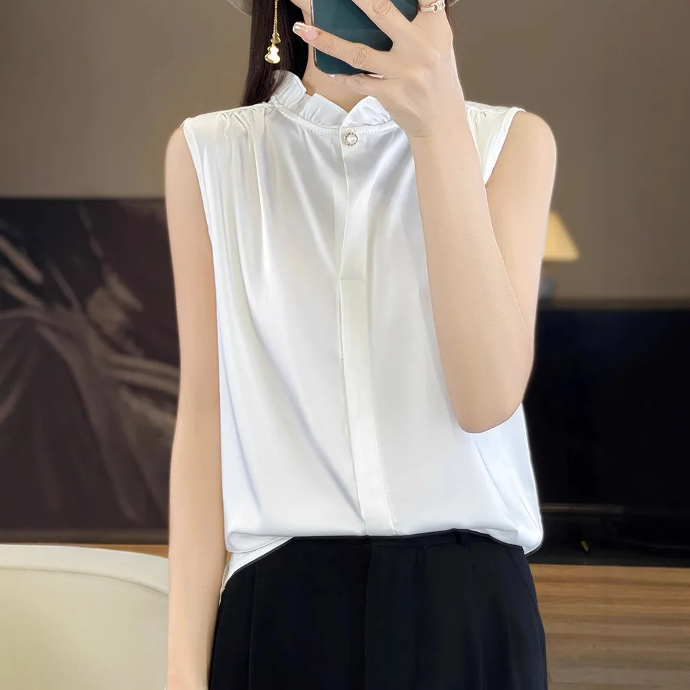 Lady Sleeveless Blouse Tee Summer Stain Ice Silk Women T-shirts Button Casual Tops Solid Color Tees Thin Women's Clothing
Lady Sleeveless Blouse Tee Summer Stain Ice Silk Women T-shirts Button Casual Tops Solid Color Tees Thin Women's Clothing