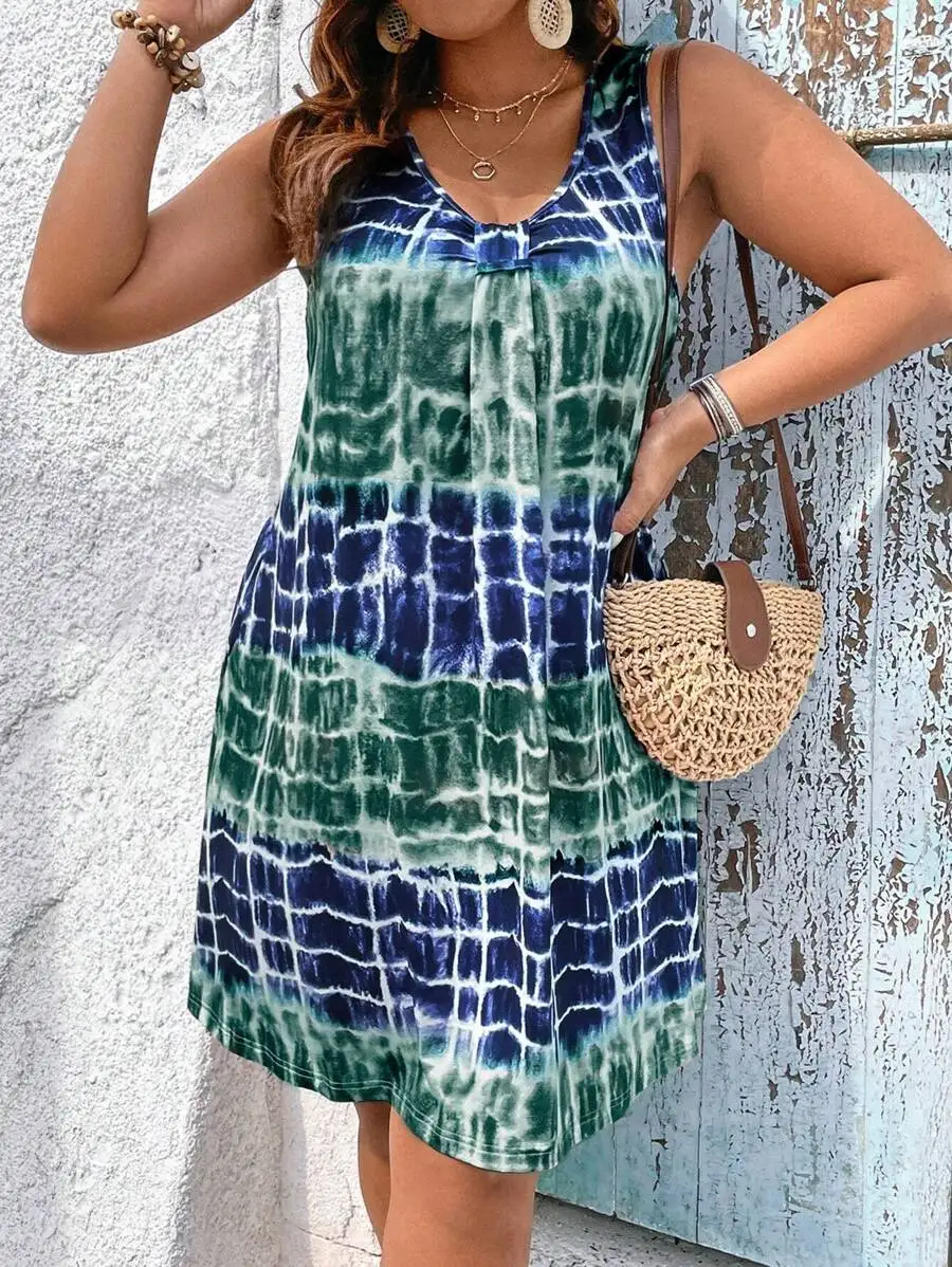 Plus Size Sleeveless A-Line Dress In Blue Green Grid Tie-Dye With Front Knot Detail And Asymmetrical Hem For Summer Vacation
Plus Size Sleeveless A-Line Dress In Blue Green Grid Tie-Dye With Front Knot Detail And Asymmetrical Hem For Summer Vacation