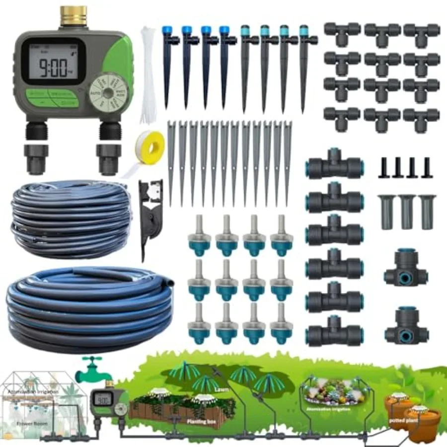 Garden irrigation kit with dual-system water timer UV-resistant polyethylene tubing in black quick-connect 5/16 ID and 1/4 pipe
Garden irrigation kit with dual-system water timer UV-resistant polyethylene tubing in black quick-connect 5/16 ID and 1/4 pipe