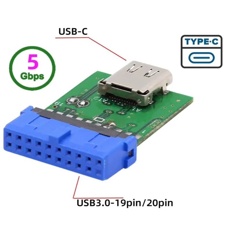 USB 3.1 Type C to USB 3.0 Motherboard Adapter, 19/20 Pin Header, 5Gbps, Green
USB 3.1 Type C to USB 3.0 Motherboard Adapter, 19/20 Pin Header, 5Gbps, Green