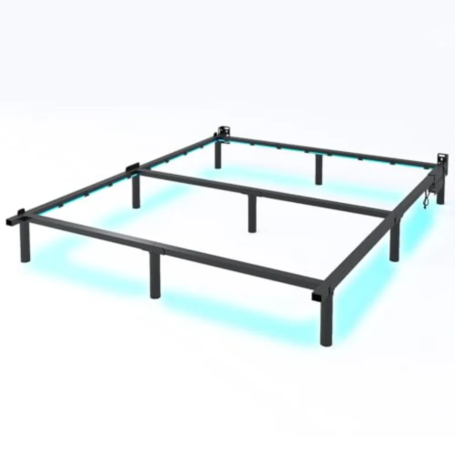 Bed Frame for Box Spring 7 Inch Metal Bed Frame with LED Lights 9-Legs Support Bed Base Tool-Free Easy Assembly