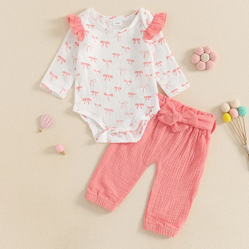 Baby Clothing Girl Fall Outfit Bow Print Ruffle Long Sleeve Romper Elastic Waist Pants Tie Headband Newborn Clothes Set
Baby Clothing Girl Fall Outfit Bow Print Ruffle Long Sleeve Romper Elastic Waist Pants Tie Headband Newborn Clothes Set