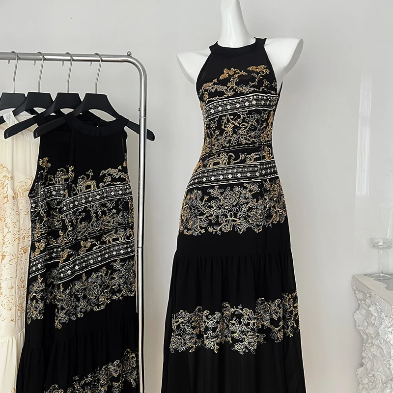 Black Floral Beaded Halter Midi Dress Wedding Party Chiffon Dress Fashion Sexy Long Dresses 
Black Floral Beaded Halter Midi Dress Wedding Party Chiffon Dress Fashion Sexy Long Dresses
