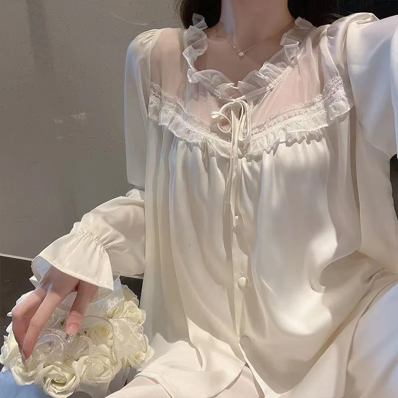 Twinset Women Pajamas Sleep Suit O-Neck Silky Satin Sleepwear pj's Homewear Spring Long Sleeve Pyjamas Set Nightwear Lingerie
Twinset Women Pajamas Sleep Suit O-Neck Silky Satin Sleepwear pj's Homewear Spring Long Sleeve Pyjamas Set Nightwear Lingerie