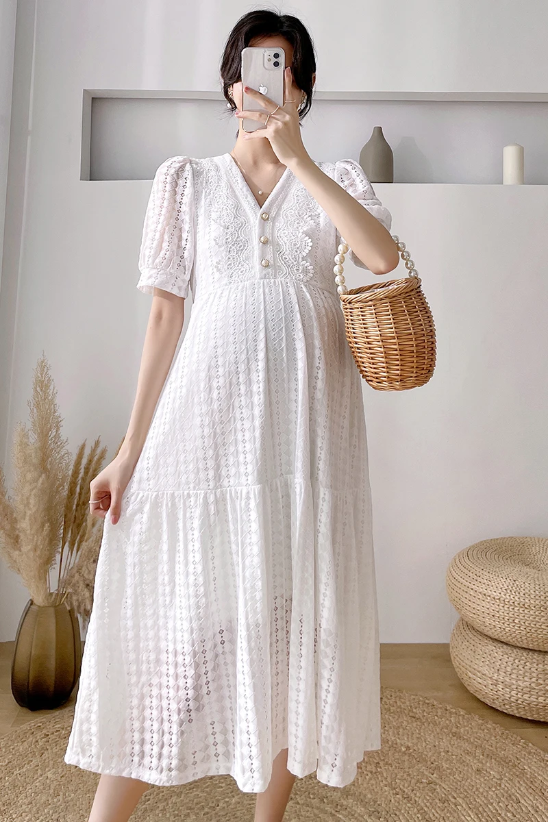 White Pregnant Women V-neck Lace Dress Short Sleeve Ruffled Collar Button Fly Maternity Loose Dress Princess Party Dress Sweet
White Pregnant Women V-neck Lace Dress Short Sleeve Ruffled Collar Button Fly Maternity Loose Dress Princess Party Dress Sweet