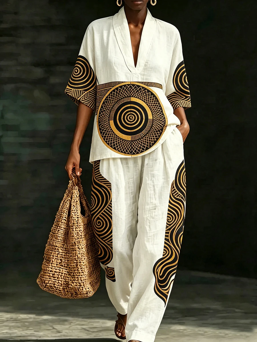 Tribal Geometric Print Women Two Piece Sets Outfits Summer Short Sleeve V-Neck Top & Casual Loose Wide Leg Pants Set Outfit
Tribal Geometric Print Women Two Piece Sets Outfits Summer Short Sleeve V-Neck Top & Casual Loose Wide Leg Pants Set Outfit