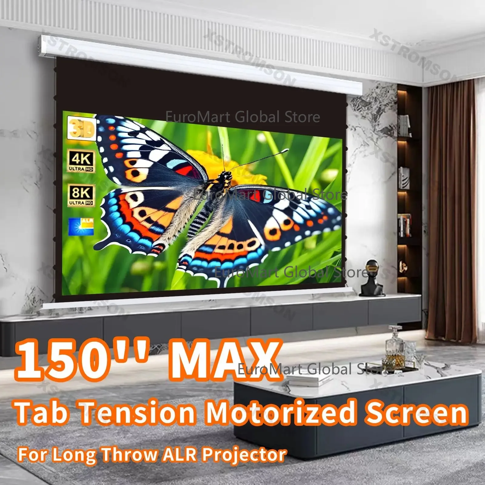 Home Theater ALR 4K/8K Drop Down Black Crystal Projection Screen Motorised 150‘’ inch for 16:9 HDTV long throw laser projector
Home Theater ALR 4K/8K Drop Down Black Crystal Projection Screen Motorised 150‘’ inch for 16:9 HDTV long throw laser projector