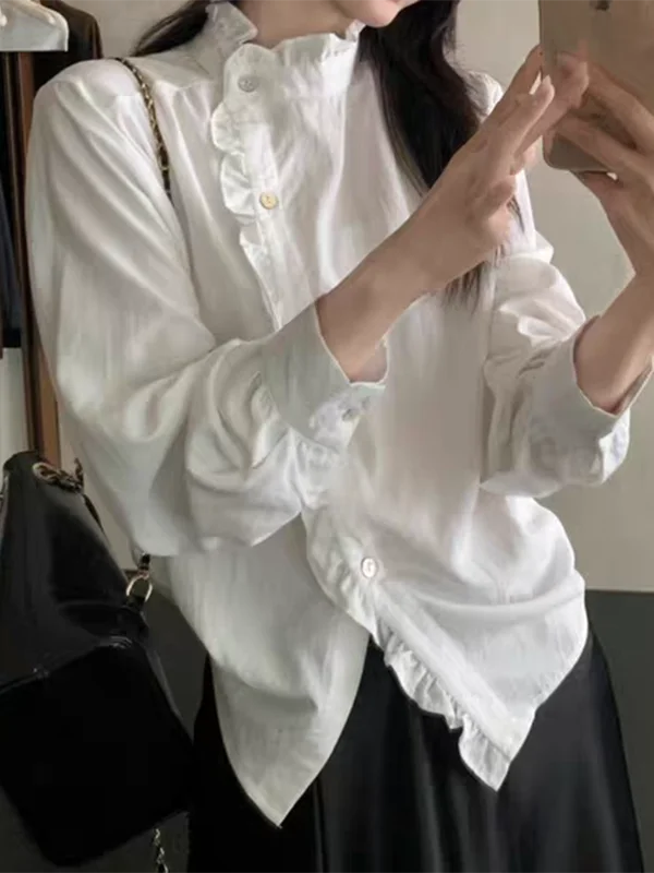 Casual Sle Pleated Earlet Lace irt Women Early Spring Stand Collar Loose Side Button Design Sweet Matchable Top Trendy
Casual Sle Pleated Earlet Lace irt Women Early Spring Stand Collar Loose Side Button Design Sweet Matchable Top Trendy