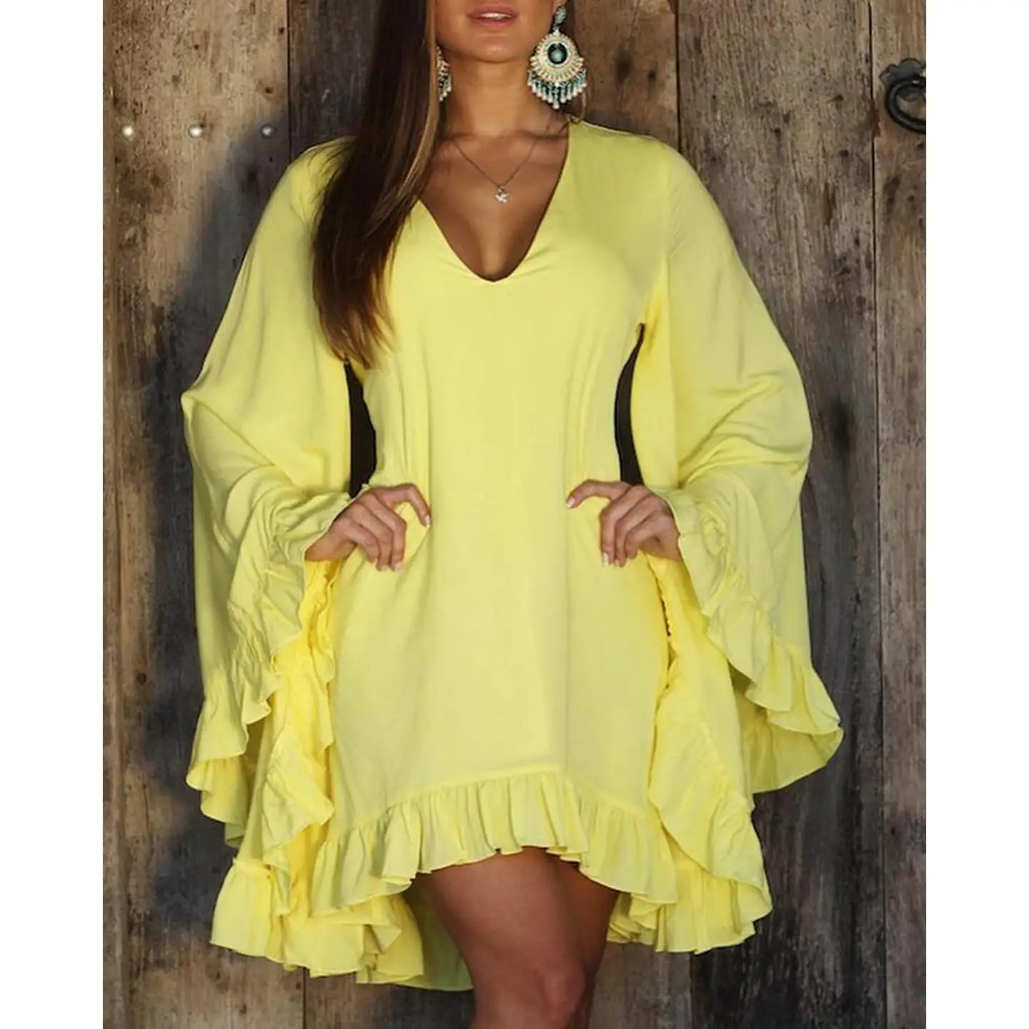 Casual Ruffle Hem Bell Sleeve Dress Wooden Casual Dress Long Sleeve V-neck A-line Silhouette Commute Style Autumn Wear
Casual Ruffle Hem Bell Sleeve Dress Wooden Casual Dress Long Sleeve V-neck A-line Silhouette Commute Style Autumn Wear