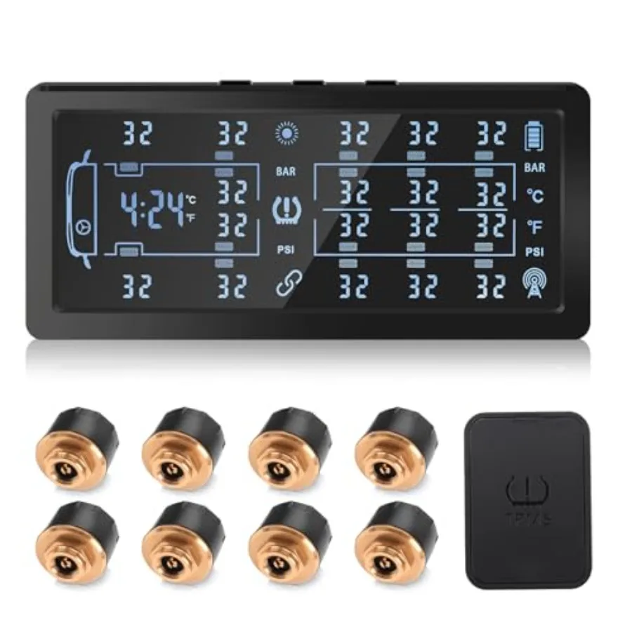 RV Trailer Tire Pressure Monitoring SystemTPMS with 8 Sensors Tire Pressure Monitor w/Color LCD Display Signal Booster 6 Alert
RV Trailer Tire Pressure Monitoring SystemTPMS with 8 Sensors Tire Pressure Monitor w/Color LCD Display Signal Booster 6 Alert