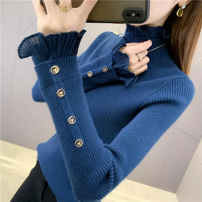 Solid Color Patchwork Lace Sleeve Knitted Sweater Fashion Half High Collar Long Sleeve Knittwear Top Women's Clothing
Solid Color Patchwork Lace Sleeve Knitted Sweater Fashion Half High Collar Long Sleeve Knittwear Top Women's Clothing