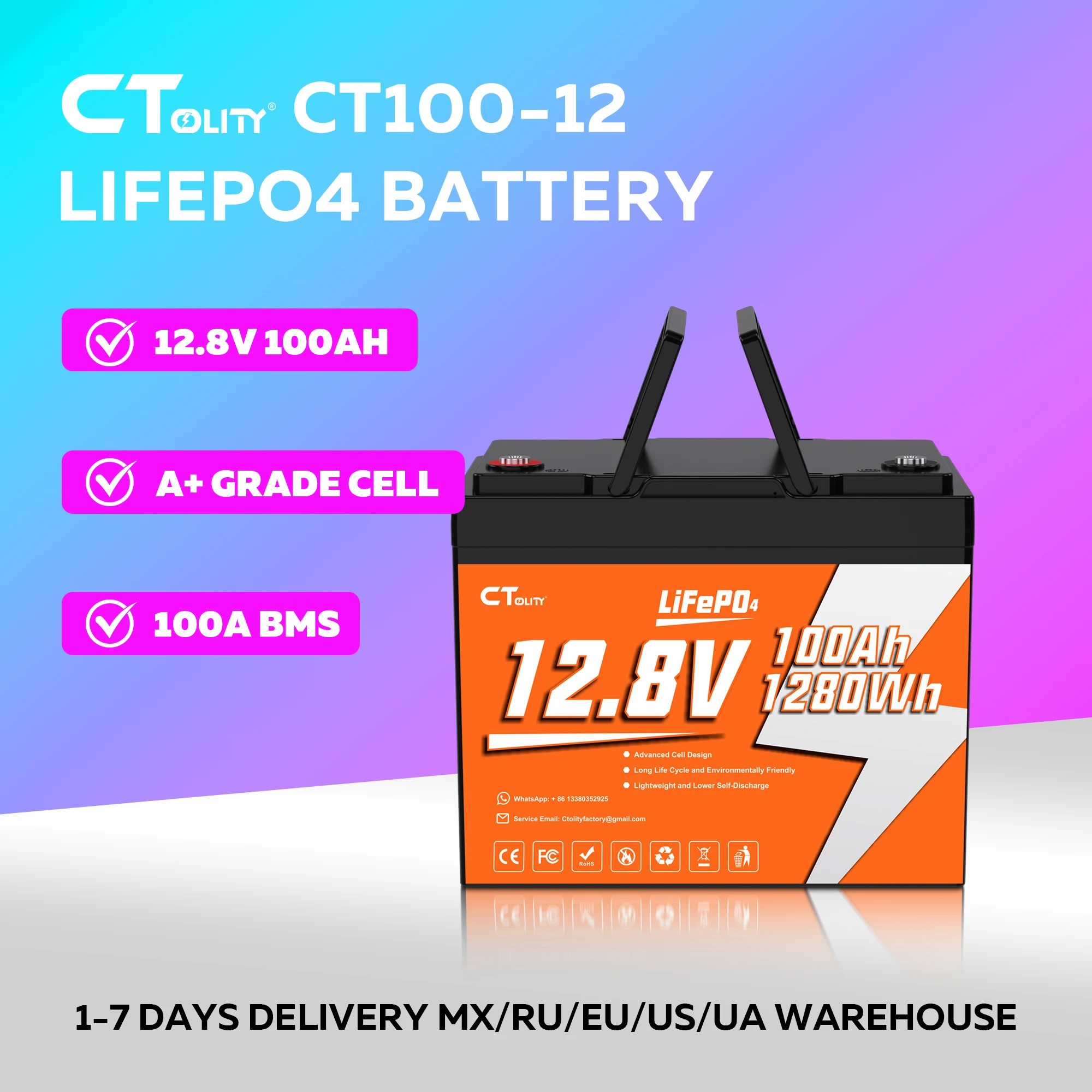 CTOLITY CT100-12 Solar Generater 12.8V 100Ah 1280Wh LiFePO4 Battery 4000+ Cycle Built-in 100A BMS A Grade Cells Max 1280W RV
CTOLITY CT100-12 Solar Generater 12.8V 100Ah 1280Wh LiFePO4 Battery 4000+ Cycle Built-in 100A BMS A Grade Cells Max 1280W RV