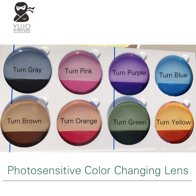 Photosensitive color changing anti blue light myopia prescription optical color MR-8 lenses turn gray, brown, green, blue, pink
Photosensitive color changing anti blue light myopia prescription optical color MR-8 lenses turn gray, brown, green, blue, pink