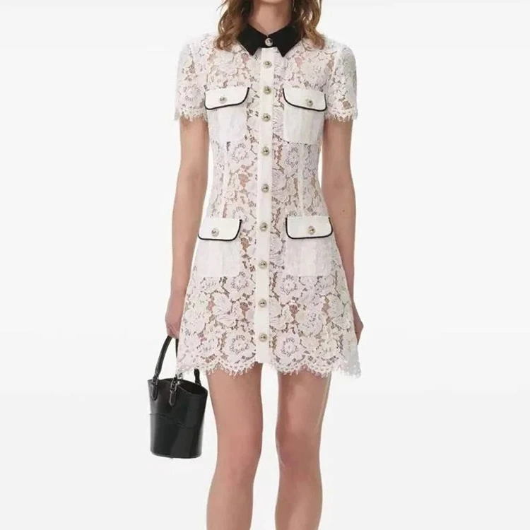 Women's Lace Lapel Dress Short Sleeve Single Breasted Pocket Decorated Mini Dress
Women's Lace Lapel Dress Short Sleeve Single Breasted Pocket Decorated Mini Dress