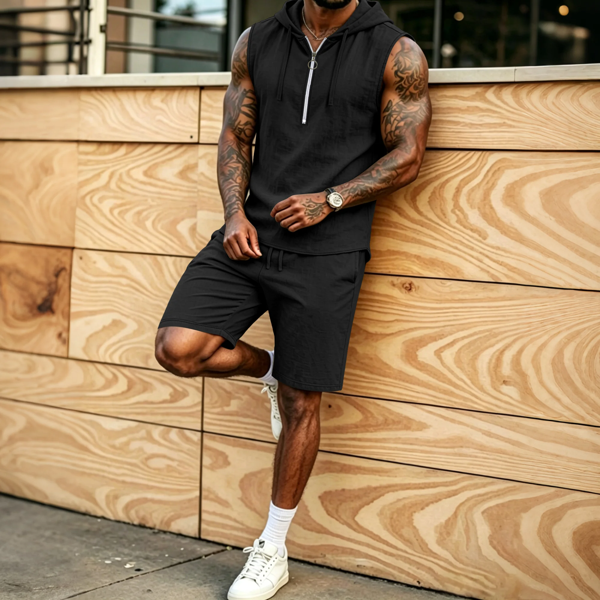 Trendy solid-color men's two-piece set, linen half-zip hooded sleeveless vest + drawstring knee-length shorts. Sporty casual str
Trendy solid-color men's two-piece set, linen half-zip hooded sleeveless vest + drawstring knee-length shorts. Sporty casual str