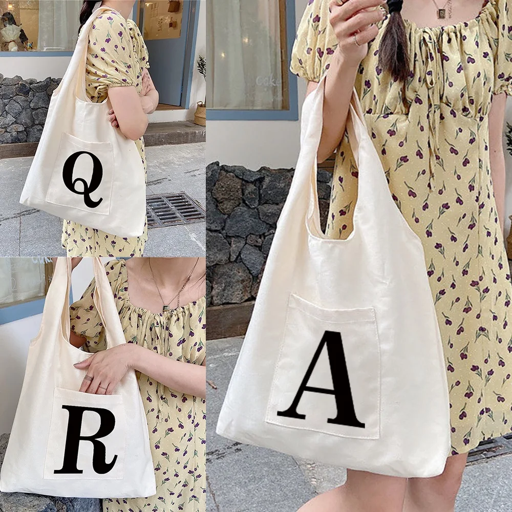 Women's Shopping Bags Canvas Commuter Shoulder Vest Bag Black 26 Letters Reusable Grocery Handbags Eco Tote Shopper Bag
Women's Shopping Bags Canvas Commuter Shoulder Vest Bag Black 26 Letters Reusable Grocery Handbags Eco Tote Shopper Bag