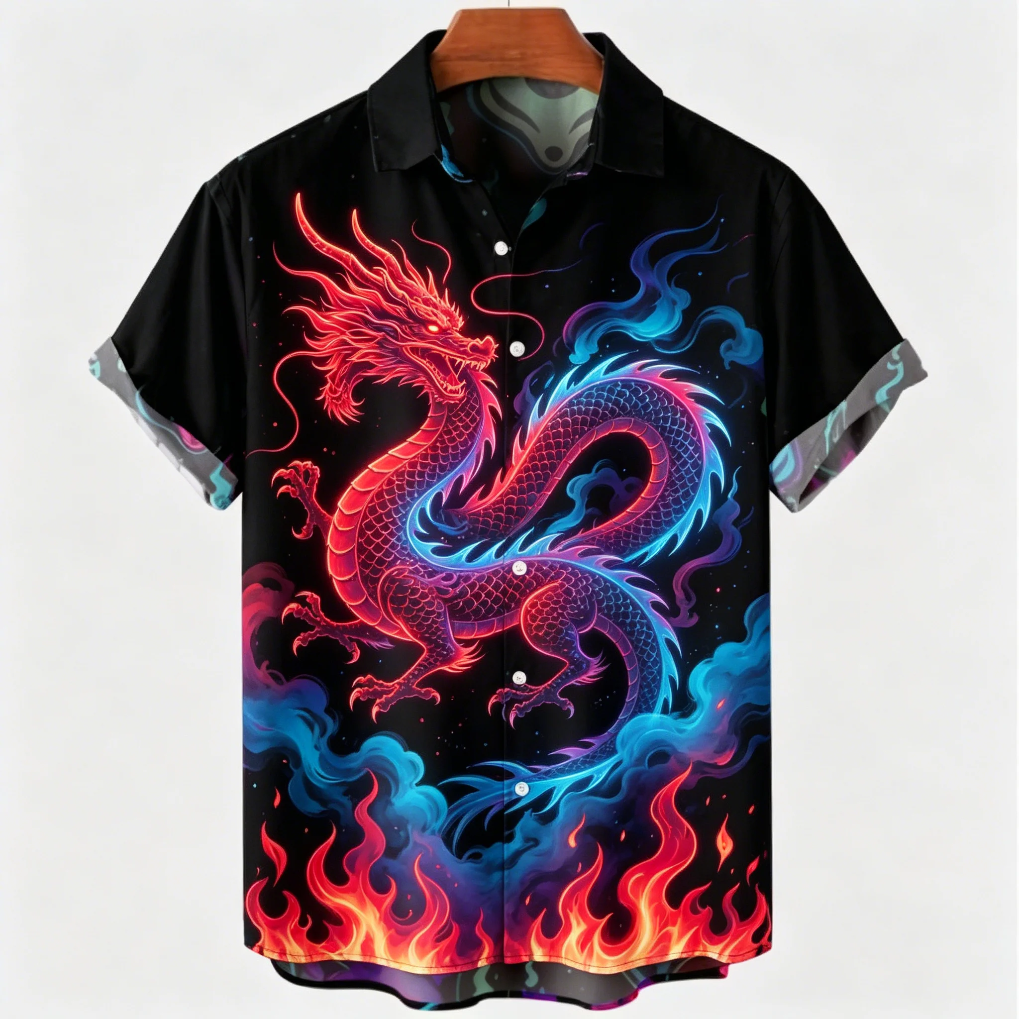 Men's Spring Summer Lapel Shirt, Neon Fire Dragon Print Casual Tops for Daily Street Vacation Outfit
Men's Spring Summer Lapel Shirt, Neon Fire Dragon Print Casual Tops for Daily Street Vacation Outfit