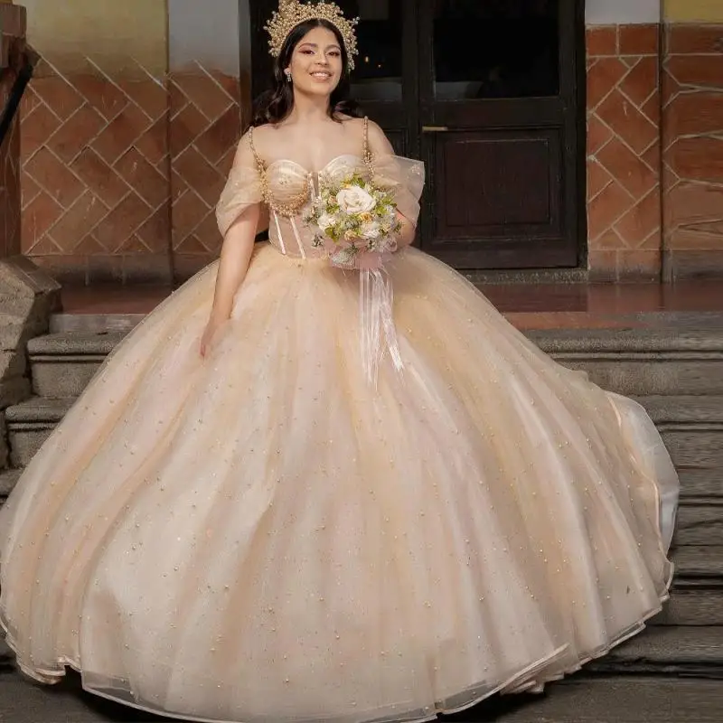 Customized Champagne Color Quinceanera Dresses for Women Beadings Sequins Off The Shoulder Train Vestidos De 15 Anos
Customized Champagne Color Quinceanera Dresses for Women Beadings Sequins Off The Shoulder Train Vestidos De 15 Anos