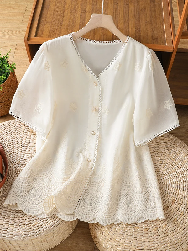 Elegant V-neck Lace Embroidery Hollow out Short Sleeve Shirt plus Size Slimming Top Comfortable Loose Fit Daily Wear Summer S...
Elegant V-neck Lace Embroidery Hollow out Short Sleeve Shirt plus Size Slimming Top Comfortable Loose Fit Daily Wear Summer S...