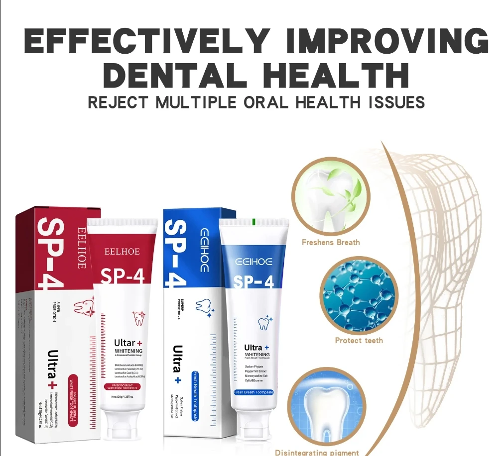 Пробиотическая зубная паста SP-4 Отбеливание зубов Удаление неприятного запаха изо рта Пятно налета Отбеливание зубов Гигиена полости рта Уход Чистое свежее дыхание
Пробиотическая зубная паста SP-4 Отбеливание зубов Удаление неприятного запаха изо рта Пятно налета Отбеливание зубов Гигиена полости рта Уход Чистое свежее дыхание