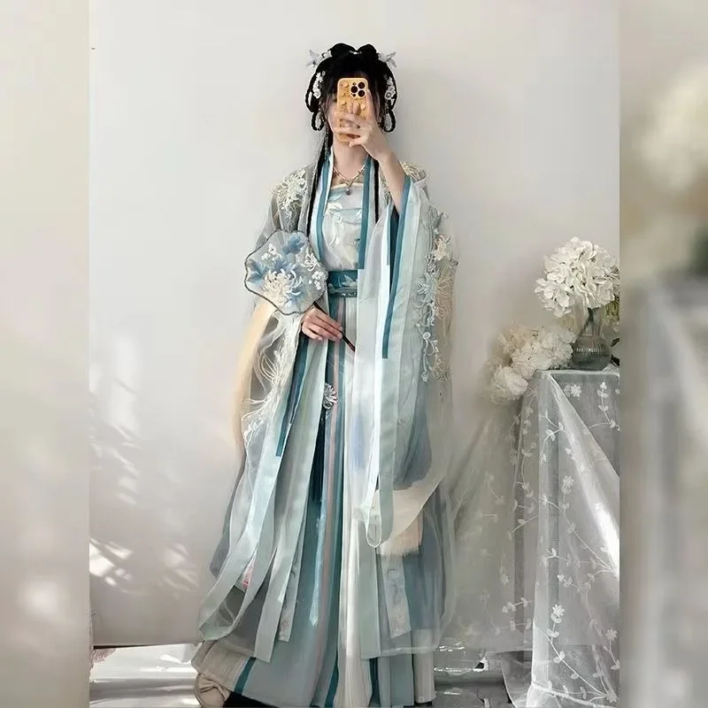 Chinese Traditional Women Hanfu Dress Blue Embroidered Coat Top Suspender Pleated Skirt Hanfu Ancient Knight Costumes
Chinese Traditional Women Hanfu Dress Blue Embroidered Coat Top Suspender Pleated Skirt Hanfu Ancient Knight Costumes