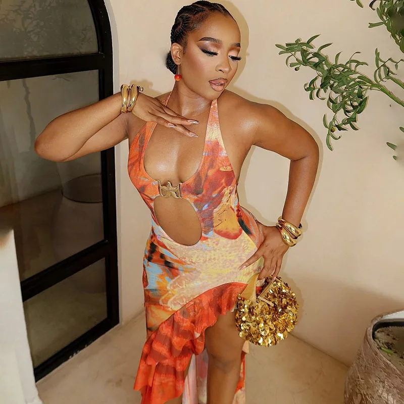 2025 Summer Sexy Backless Halter Printed Ruffles Vacation Maxi Dress Women Hollow Out Bandage Lace Up Sleeveless Beach Vestidos 
2025 Summer Sexy Backless Halter Printed Ruffles Vacation Maxi Dress Women Hollow Out Bandage Lace Up Sleeveless Beach Vestidos