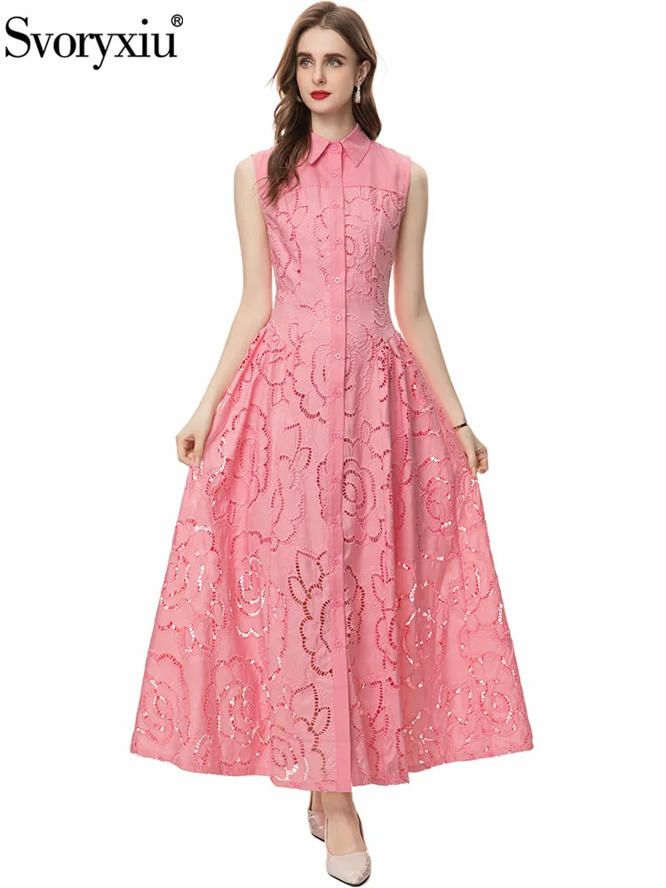 Svoryxiu Designer Fashion Summer Pink Elegant A-Line Long Dress Women's Turn-down Collar Sleeveless Hook Flower Hollow Dress
Svoryxiu Designer Fashion Summer Pink Elegant A-Line Long Dress Women's Turn-down Collar Sleeveless Hook Flower Hollow Dress