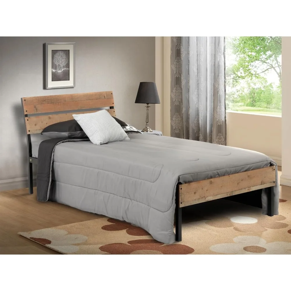 Twin Bed Frame with Sturdy Black Metal Base and Interesting Rustic Reclaimed Barnwood Laminate Headboard and Footboard Panels.
Twin Bed Frame with Sturdy Black Metal Base and Interesting Rustic Reclaimed Barnwood Laminate Headboard and Footboard Panels.