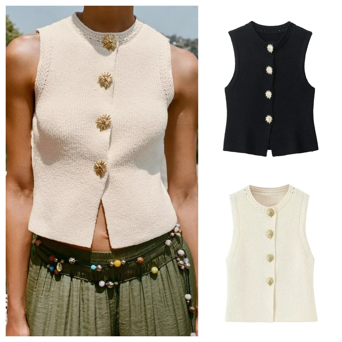 European and American style 2025 new round neck single-breasted fashionable and versatile sleeveless knitted top
European and American style 2025 new round neck single-breasted fashionable and versatile sleeveless knitted top
