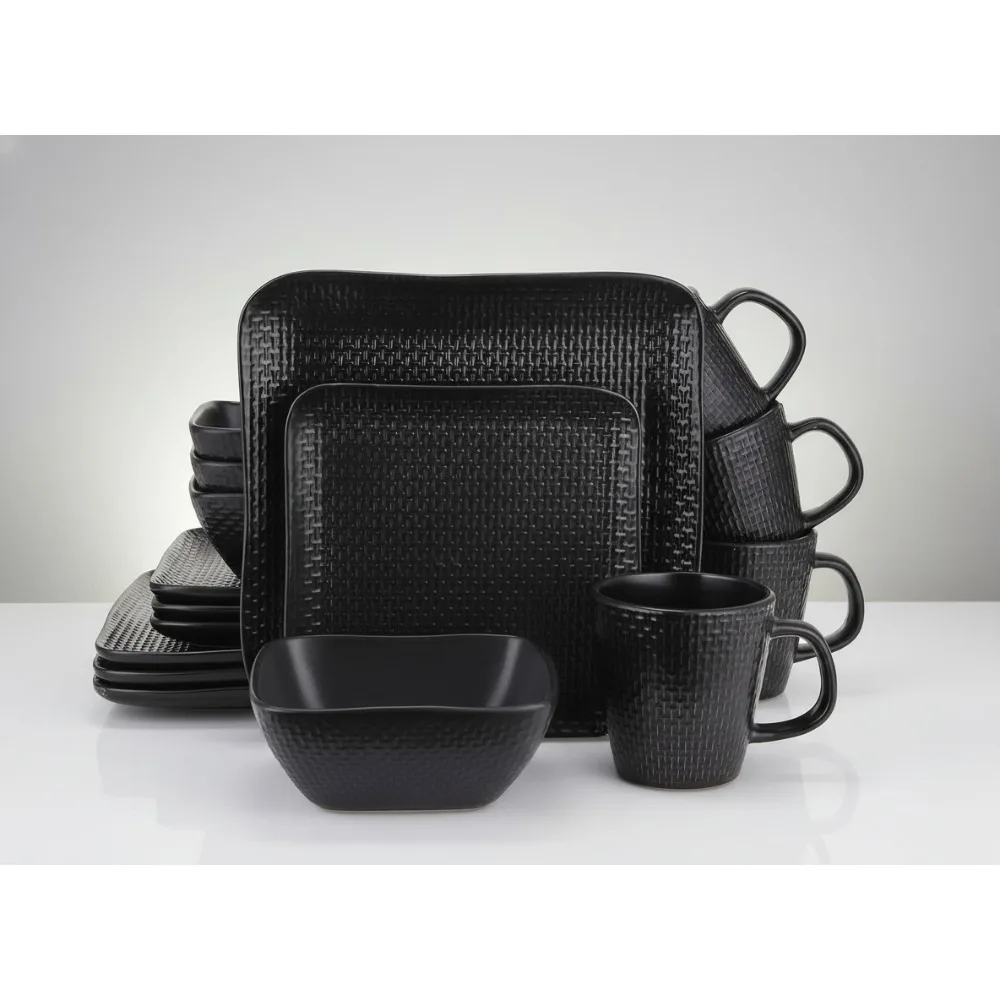 Modern Square Stoneware Dinnerware Set 16-Piece Black Weave Design Dishwasher Microwave Safe
Modern Square Stoneware Dinnerware Set 16-Piece Black Weave Design Dishwasher Microwave Safe