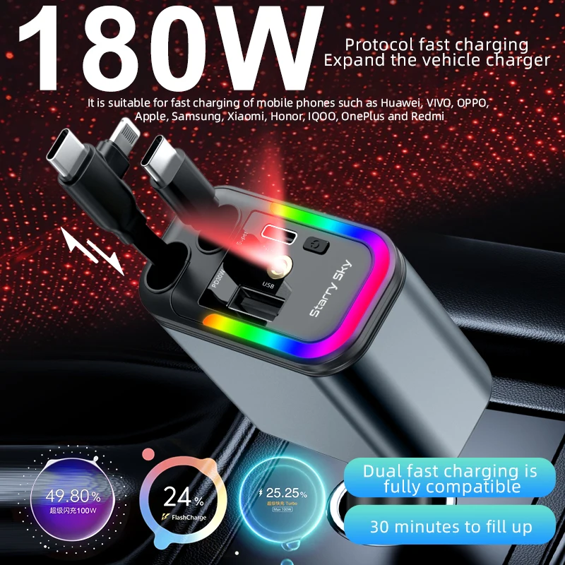 5-in-1 180W Dual Retractable Line Fast Charging Car Charger With Colorful Ambient Light and Starry Sky Light for iPhone Android
5-in-1 180W Dual Retractable Line Fast Charging Car Charger With Colorful Ambient Light and Starry Sky Light for iPhone Android
