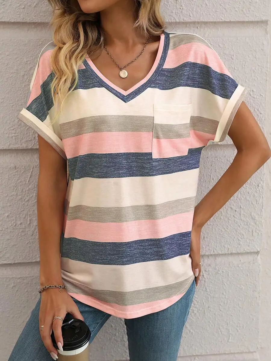 Women's T-Shirt Spring Summer Pink Blue Gray Striped V Neck Batwing Sleeve Chest Pocket Loose Casual Daily Top
Women's T-Shirt Spring Summer Pink Blue Gray Striped V Neck Batwing Sleeve Chest Pocket Loose Casual Daily Top