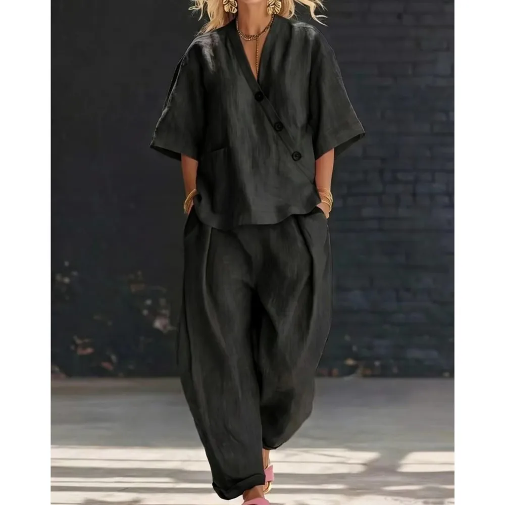 Solid Color V-neck Short-sleeved Top Loose Trousers Suit Summer Women's Fashion Casual Loose High-waisted Trousers Two-piece Set
Solid Color V-neck Short-sleeved Top Loose Trousers Suit Summer Women's Fashion Casual Loose High-waisted Trousers Two-piece Set